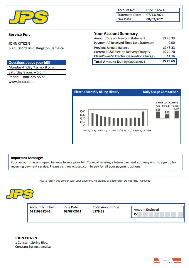 Jamaica Public Service (JPS) electricity utility bill template in Word and PDF format